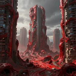 futuristic city halfway overtaken by the red rot disease, crumbling buildings turning into flesh, unreal octane render, digital art, highly detailed, epic composition, nice contrast, 4 k, trending on artstation