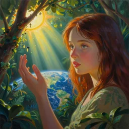 painting, meg griffin young girl, beautiful face, gorgeous, light beams, above earth, cinematic lighting, in jungle, touching sun beam, erupting colors, extremely detailed, sharp focus, by greg rutkowski and [ [ [ wlop ] ] ], intricate, beautiful, award winning, trending on artstation, pixiv