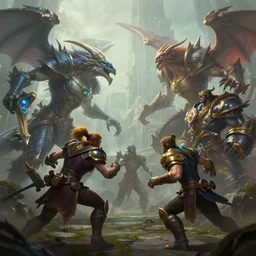hyperrealism fantasy creatures fight scene with characters from league of legends portrait, by anthony van dyck, digital art, wallpaper of an fantasy fight, background of sci fi city in fog, diffused lighting, extremely detailed, insanely detailed and intricate, 8 k, sharp, trending dop hdr