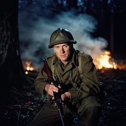 an analog color portrait photograph of a ww 2 soldier hiding in a forest at night. in the background there is smoke and fire. christopher nolan style. cinematic!! shot. cinematography. detailed. hq. in - frame. imax. anamorphic!! film. anamorphic bokeh!!!. kodak. helios 4 4 m.