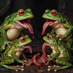 A movie screenshot of frogs and toads (by Brian Froud) viciously eating each others guts, directed by Francis Ford Coppola, cinematic, balanced composition, terrifying. This is the sort of thing you'd find in hell.  If you ever see this, you'll go insane.