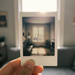 hand holding polaroid photo of interior design house, super detail of a white window in a living room, close up, sunday morning, sun, bokeh, lens flare hit camera, yellow light, diffuse light, instagram trending picture, instagram filter, foggy, vintage photography, grainy, light leaks, polaroid