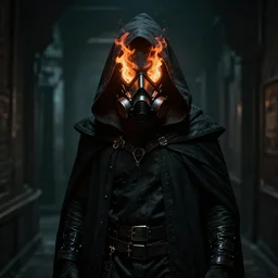cyberpunk man wearing black metal respirator black cloth cloak hood burning eyes on fire witch king of angmar ring wraith Bladerunner 2049 movie still (2017) style of Roger Deakins Jeremy Saulnier Newton Thomas Sigel Robert Elswit Greig Fraser trending dark hallway rtx on ue4 35mm Kodak Vision 2383 gritty atmospheric