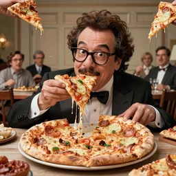 derpy looking danny devito eating greasy pizza, pizza is everywhere, weird, strange, bizarre, surreal, epic composition, 2 0 0 mm focal length, donato giancola, tim hildebrandt, wayne barlow, bruce pennington, larry elmore