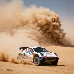 high speed sport photography of rallye porsche in desert, massive sandstorm like extremely huge wave in background, motion blur, wide lens
