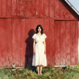 a young woman standing in the shadow of a red barn. black hair, white! dress!. paint brush strokes, watercolor, cinematic light, american romanticism by hans dahl, by greg rutkowski, by tyler edlin