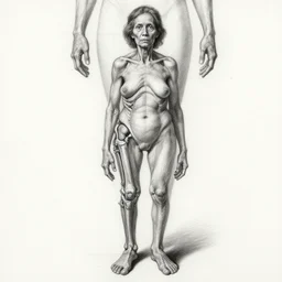 very precise anatomy plan of a dark - haired old woman with braces all over her legs, emaciated figure. photoreal picture black pencil annotated