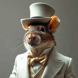 portrait of elegant wealthy rodent in white suit with top hat and earing, studio light, neil gaiman, maria panfilova, andrea savchenko, mike kime, ludovic plouffe, qi shengluo, oliver cook, julian calle, eddie mendoza, trending on artstation
