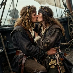 two young male pirate shipmates, a kiss below deck, 1 6 th century ornate ragged clothing, forbidden romance art piece, reclaimed 1 6 th century. lost souls, together, a sad masterpiece.