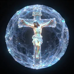 a crystalline 3 d mandelbulb fractal in the shape of jesus christ on the cross, bioluminescent opal, fractal, magnificent lighting, ethereal, ray tracing, octane