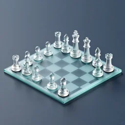 a glass chess set in isometric perspective