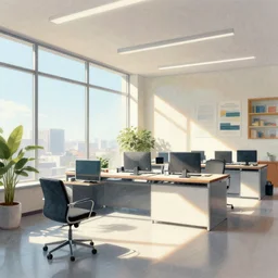 a corporate office, bright light, art illustration, mixed meida