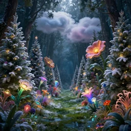 snowy fantasy forest made of Christmas trees, glints, Deep into a dark forest in wonderland, Giant flowers, glowing exotic flora, grassy path, artstation, colorful, cloud, water, 4K detail post processing, redshift render, intricate details, hyperrealistic, cinematic lighting, atmospheric