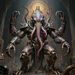 mechanical cthulhu, cyborg, hyperealistic detailed photography, divinity, awful, religious art, cyberpunk, by h. r. giger