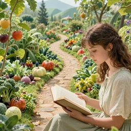 Utopia, old roads are transformed into gardens growing fruits and vegetables, Vivianne and Erika are reading philosophy, solarpunk, futuristic, close-up, 8K, very beautiful, stunning, calm atmosphere, detailed