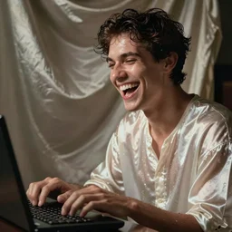 guy typing a keyboard and laughing very hard, silky smooth cloth, wet look