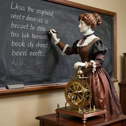 full - color photo of a victorian female automaton which is a schoolteacher that writes poems on a chalkboard. it has a beautiful woman's face, and it is made of copper and porcelain and fabric, with complex intricate wind - up clockwork mechanisms. it is on display in a history - museum with studio - lighting, and is coin - operated.
