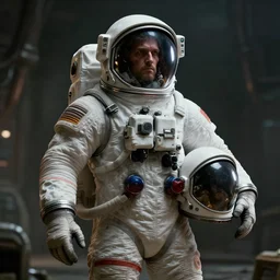 still of christian holy astronaut wearing a retro space suit, he has the helmet under his arm, grim setting, dieselpunk, concept art, artstation, stephen bliss, unreal engine, game screenshot