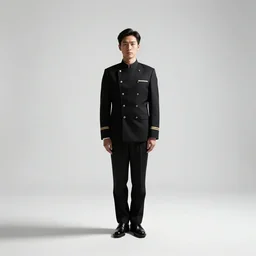 mysterious doorman in uniform, studio photography, full body, standing, isolated on a pure white background, centered, whole figure in frame, sharp focus, studio lighting