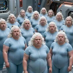 unorganized crowd of angry chubby women, white hair, tight light blue neopren space uniforms, futuristic production facility, sci - fi, highly detailed, cinematic