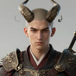 portrait of a handsome young warrior with horns, clean - shaven, realistic anime, intricate, highly detailed, unreal engine 5, 8 k, digital fantasy illustration, art by rossdraws and alphonse mucha, sharp focus, octane render, trending on artstation,