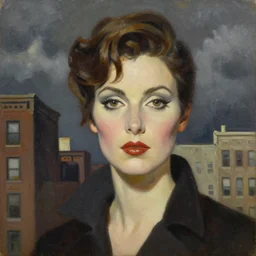woman, detailed almond eyes shape, dressed in beatnik style, buildings, dark clouds, stylish, greg hildebrandt fancy new york oil painting high quality