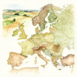 finnish rural landscape + map of regions + innovation networks + watercolour painting + earthy colours + scientific style