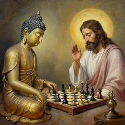 A very detailed surreal fantasy painting of the Buddha playing chess against Jesus by Manjit Bawa, trending on artstation, 4k.