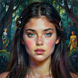 realistic detailed face portrait painting of the beautiful kylie jenner with long hair with sci-fi headwear, futuristic sci-fi forest on background by Jean Delville, Amano, Yves Tanguy, Alphonse Mucha, Edward Robert Hughes, Roger Dean, moebus, hilma AF klint rich moody colours, blue eyes