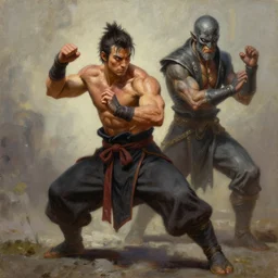 A detailed oil painting of a muscular martial artist by greg rutkowski and artgerm, trending on artstation,  dungeons and dragons art