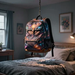 a magical backpack above the bed in a teenager's room by krenz cushart, fantasy, dramatic light