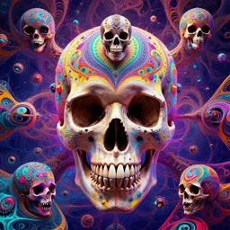 psychedelic skull infinite fractal worlds bright neon colors highly detailed cinematic eyvind earle tim white philippe druillet roger dean lisa frank aubrey beardsley