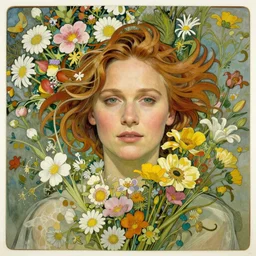 a head and shoulders portrait of alicia vikander surrounded by an explosion of wild flowers, by alphonse mucha, by edgar maxence, by gustav klimt, by gregory manchess, by wes anderson, by edward hopper, by wayne barlowe, by james gilleard, intricate, detailed, single head
