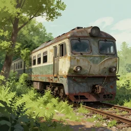 an abandoned train overgrown with trees and vegetation, painting, digital art, digital illustration, artstationhd, by aenami alena