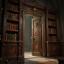highly detailed digital illustration of a secret door opening behind a bookcase in an ancient abandoned castle by artgerm | fantasy art, cryengine, concept art, photorealism, daz 3 d, sketchfab, zbrush, vray, rule of thirds, golden ratio