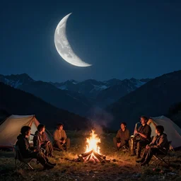 a very high resolution image from a new movie. an half moon in the mountains while people are camping. camp fire, playing sax 2 4 mm, photorealistic, photography, night directed by wes anderson