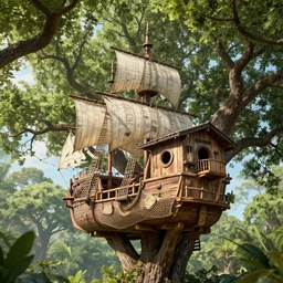 A treehouse in the shape of a pirate ship, torn sails, cargo net, crows nest, the treetops of giant oaks, game art matte painting hyperdetailed, artstation, cgsociety, 8k, surreal dream landscape