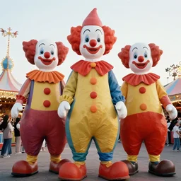 the giant clowns at the fair, film still from the movie directed by denis villeneuve and david cronenberg with art direction by salvador dali and dr. seuss