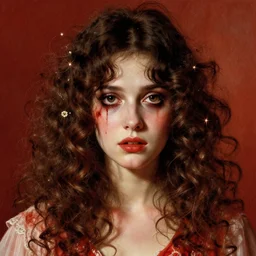 a beautiful but sinister girl in layers of fear, with haunted eyes and curly hair, 1 9 7 0 s, seventies, delicate embellishments, a little blood, crimson, painterly, offset printing technique, by jules bastien - lepage