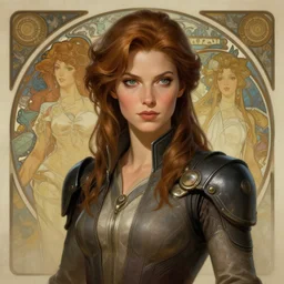 a sci fi female character, highly detailed, digital painting, artstation, concept art, smooth, sharp focus, illustration, Unreal Engine 5, 8K, art by Ralph McQuarrie and Micheal Whelan and alphonse Mucha