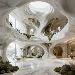 highly detailed ultra sharp 3 d render villa interior cinematic composition of a smooth ceramic porcelain biomorphic magnolia stone nebula fluid fractal sci - fi surreal architecture landscape, white granite, metallic, magnesium, marble, moss and lichen, vincent callebaut composition, mamou - mani, archviz, beautiful lighting, 8 k, unreal engine, hdr,