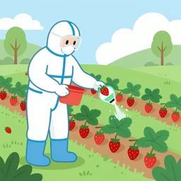Strawberry Farm Worker in Protective Hazmat Suit Fertilizing Berries on Field. modern flat design style illustration with line elements