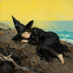 a little witch sleeping at the sea art by james gilleard, by joe fenton, by greg rutkowski, by greg tocchini, by kaethe butcher, 4 k resolution, gradient yellow, black, brown and cyan color scheme, grunge aesthetic!!!