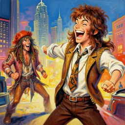a picture of a laughing subgenius - salesman punching! a hippie!, a detailed action painting by mort kunstler, pixiv, kitsch movement, dallas background, movie poster, official art