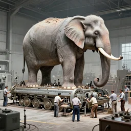 digital art of workers working on a gigantic machine that creates elephants, 1960 technology, art station
