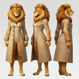 beautiful full body character reference sheet with front, back and side profiles of a strong female anthropomorphic lioness fursona wearing a fantasy long coat with belts, zippers and pouches. character design by disney, anime, manga, charlie bowater, ross tran, artgerm, and makoto shinkai, detailed, soft lighting, rendered in octane