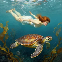 a woman swimming with turtles, surrounded by kelp, in the style of john william waterhouse