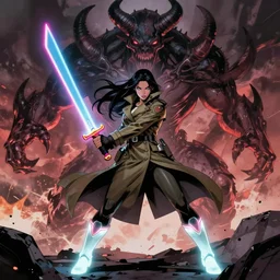 comic book art of a [ woman ] with [ long black hair ] holding a [ neon sword ], [ soldier ] in trenchcoat with [ glowing ] boots, in [ battle ] with a [ giant ] dark horned creature from hell