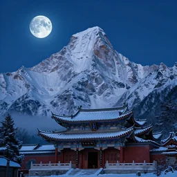 a cinematic hyperrealism detailed photograph of snow mountain, traditional chinese building, blue moon shining in sky by greg rutkowski and thomas kinkade, trending on artstation.