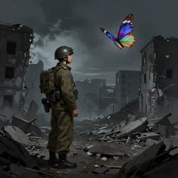 ww 2 soldier standing in a ruined city watching a colorful butterfly, darkwave, darksynth, concept art, sharp, digital matte painting, art by greg rutkowski, wlop, dramatic lighting, trending on artstation